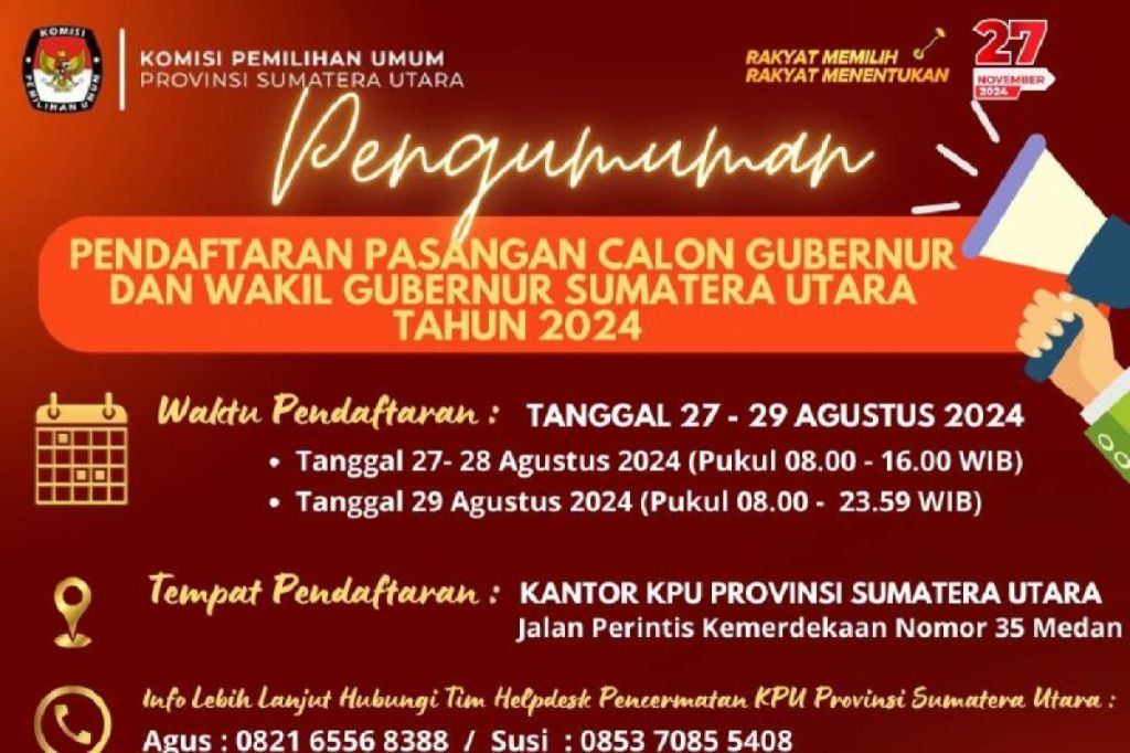 Catat tanggal pendaftaran calon kepala daerah sesuai keputusan KPU&nbsp;Sumut